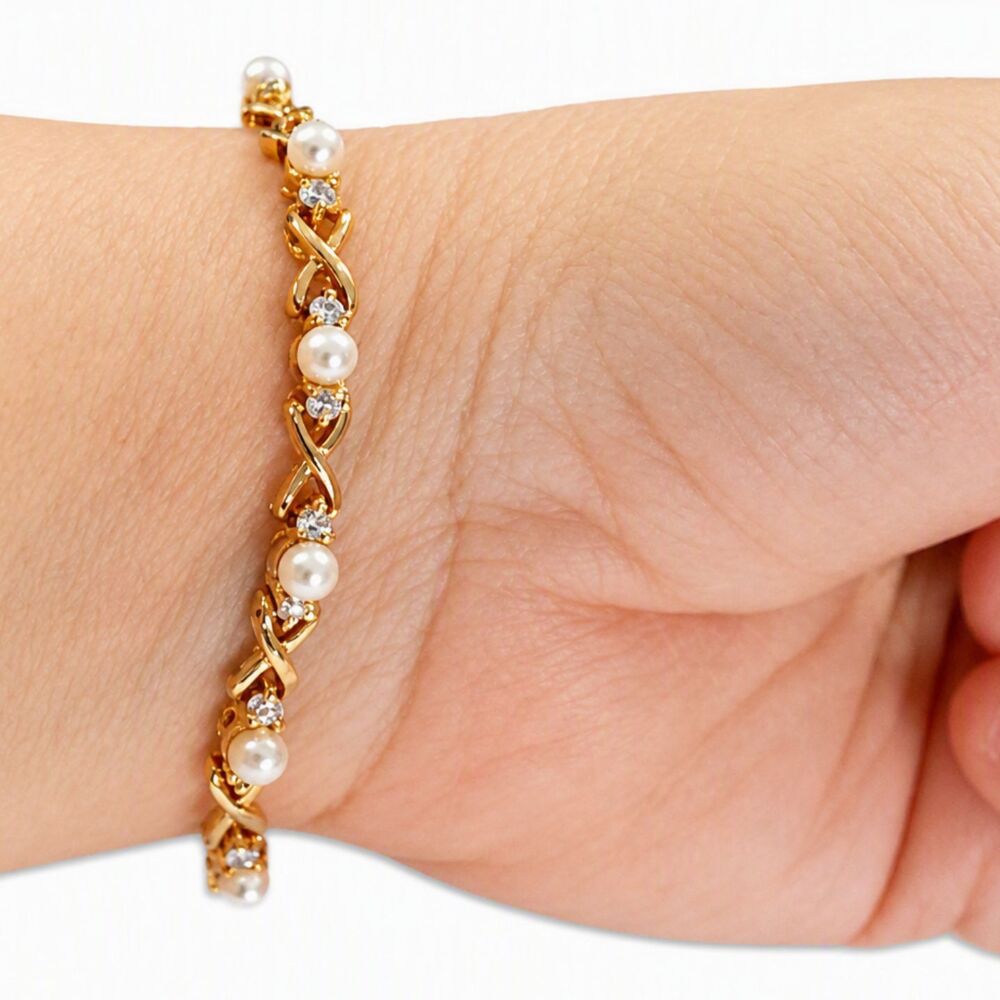 VTG Style Signed "L·R" Gold Tone Faux Pearl & Diamond X-Link Chain Bracelet 8"